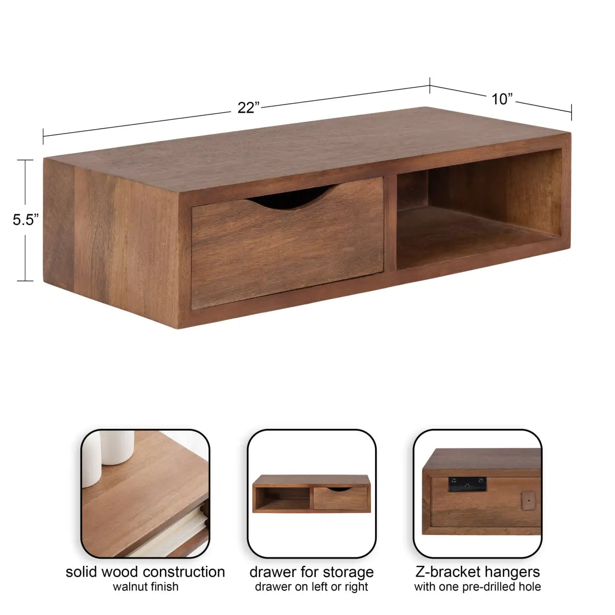 Hutton Floating Side Table with Drawer - Wall Mount - Walnut Brown - kateandlaurel