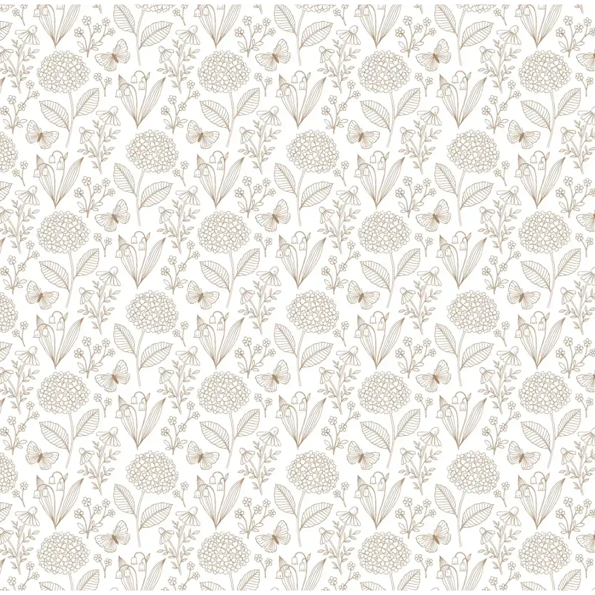 Hydrangea and Butterflies Wallpaper - Subtle Line Drawings - by Gooseberry Moon - Sample 1 foot by 1 foot / Neutral