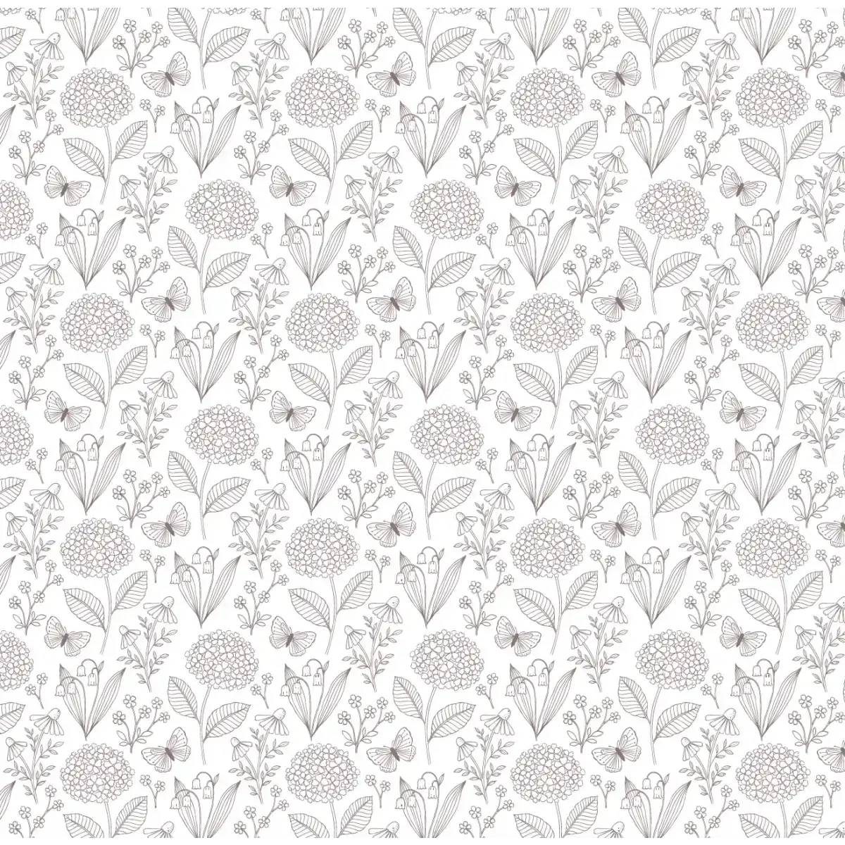 Hydrangea and Butterflies Wallpaper - Subtle Line Drawings - by Gooseberry Moon - Sample 1 foot by 1 foot / Plum