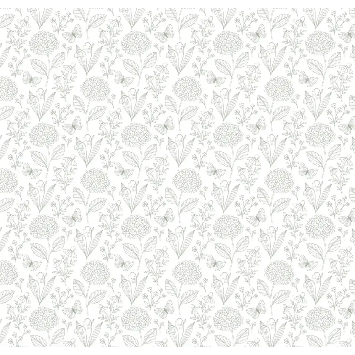 Hydrangea and Butterflies Wallpaper - Subtle Line Drawings - by Gooseberry Moon - Sample 1 foot by 1 foot / Sage