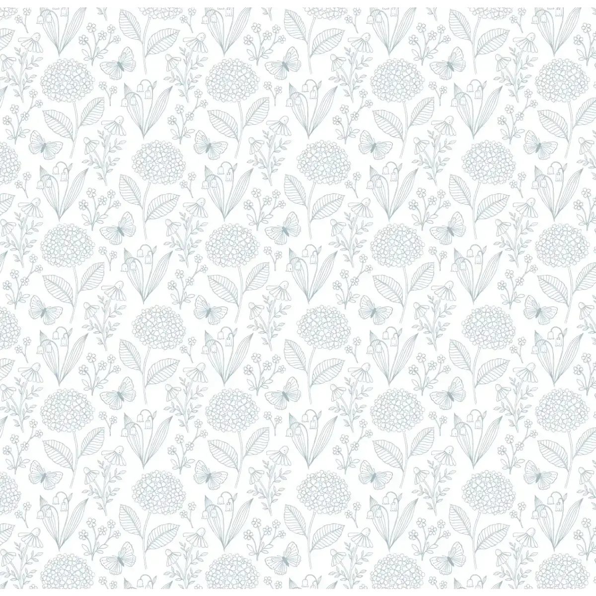 Hydrangea and Butterflies Wallpaper - Subtle Line Drawings - by Gooseberry Moon - Sample 1 foot by 1 foot / Teal