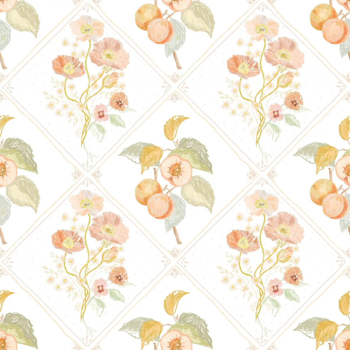 Ingrid Wallpaper - Peaches and Poppies - by Celeste Clark - Sample 1 foot by 1 foot - Loomwell Home Goods