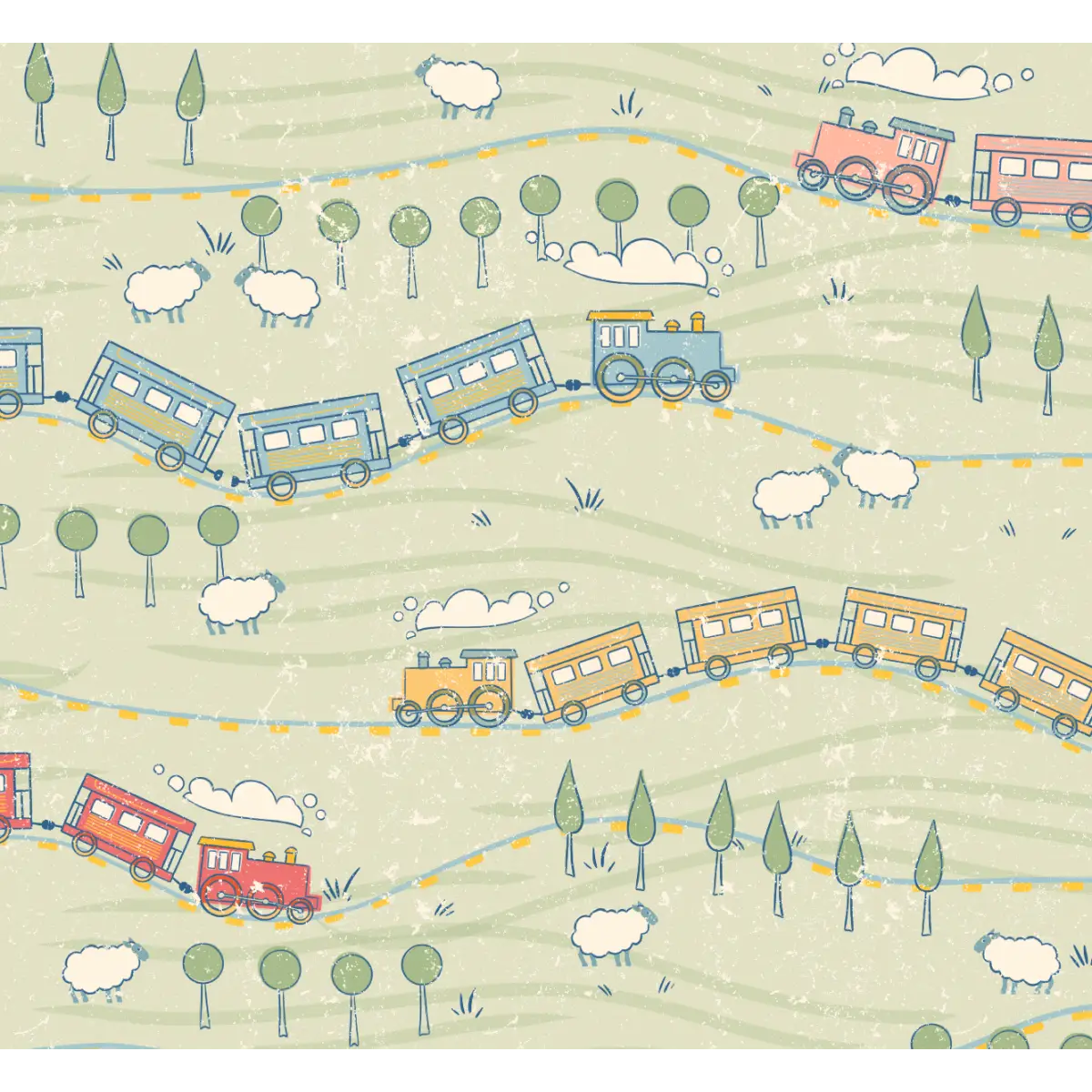 Jackson Wallpaper - Happy Trains for Kids - by House of Haricot - Sample 1 foot by 1 foot - Loomwell Home Goods