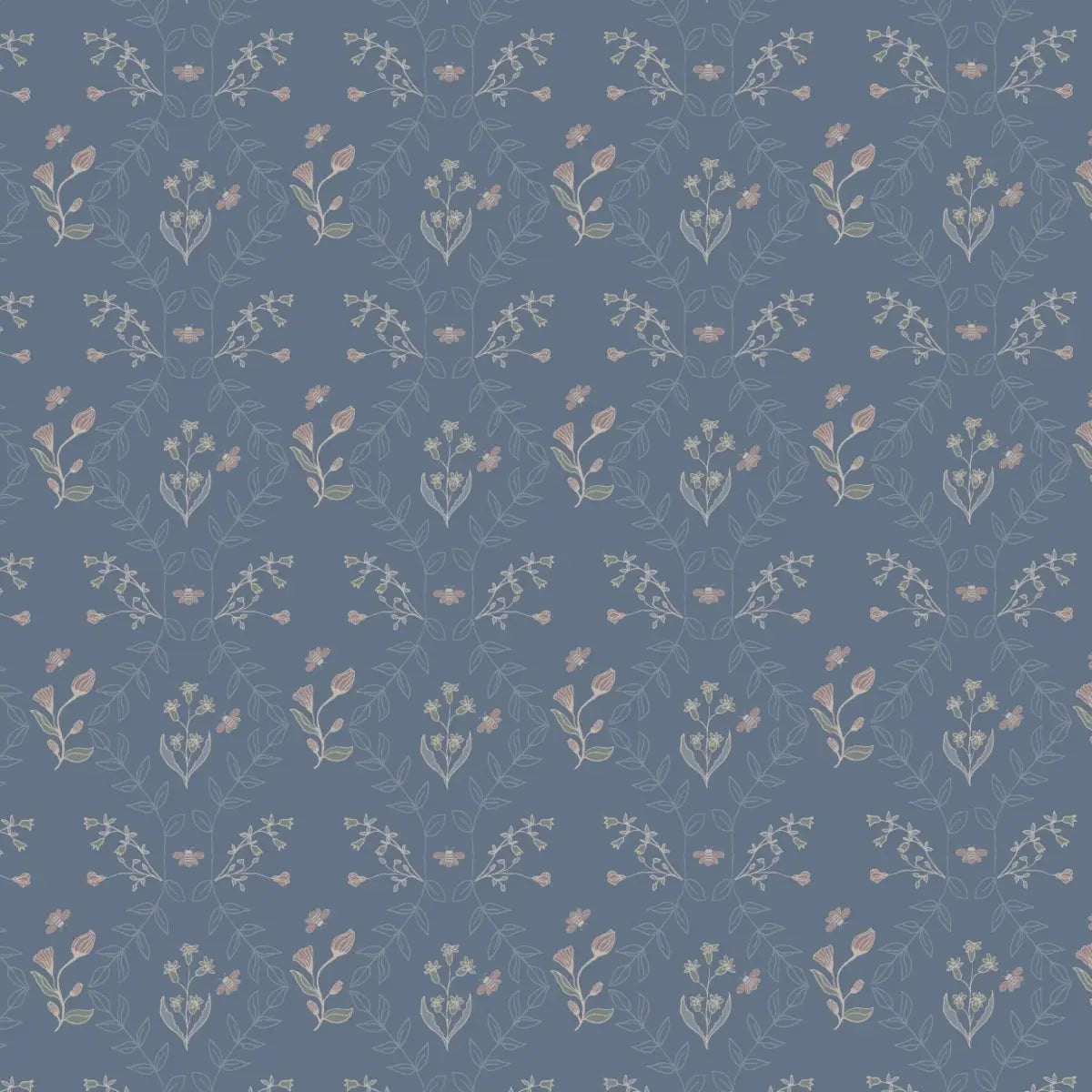 Jennings Wallpaper - Flowers and Bees - by Hannah Langford Design - Sample 1 foot by 1 foot / Mid Blue - Loomwell Home