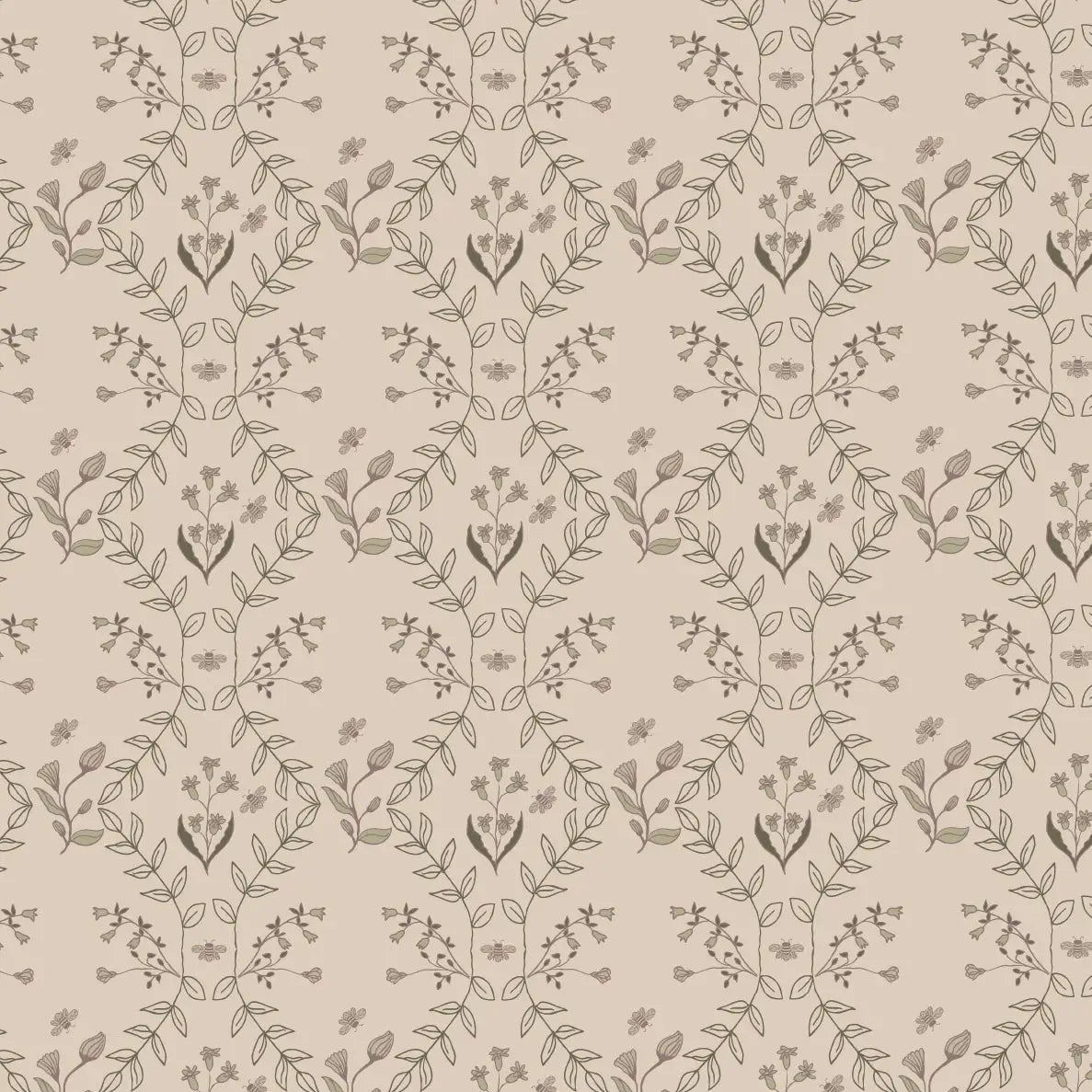 Jennings Wallpaper - Flowers and Bees - by Hannah Langford Design - Sample 1 foot by 1 foot / Neutral - Loomwell Home