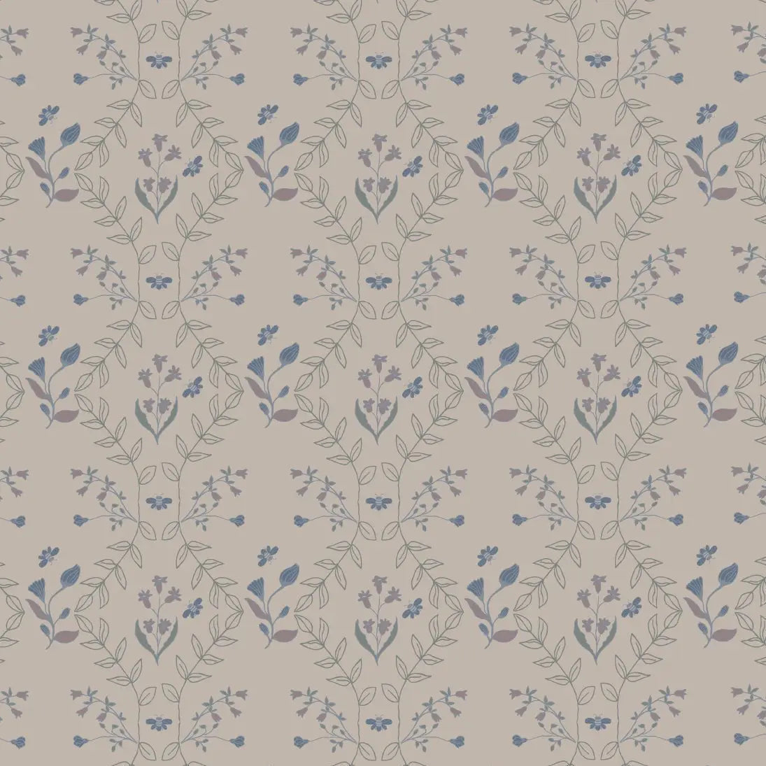 Jennings Wallpaper - Flowers and Bees - by Hannah Langford Design - Sample 1 foot by 1 foot / Taupe Pink and Blue
