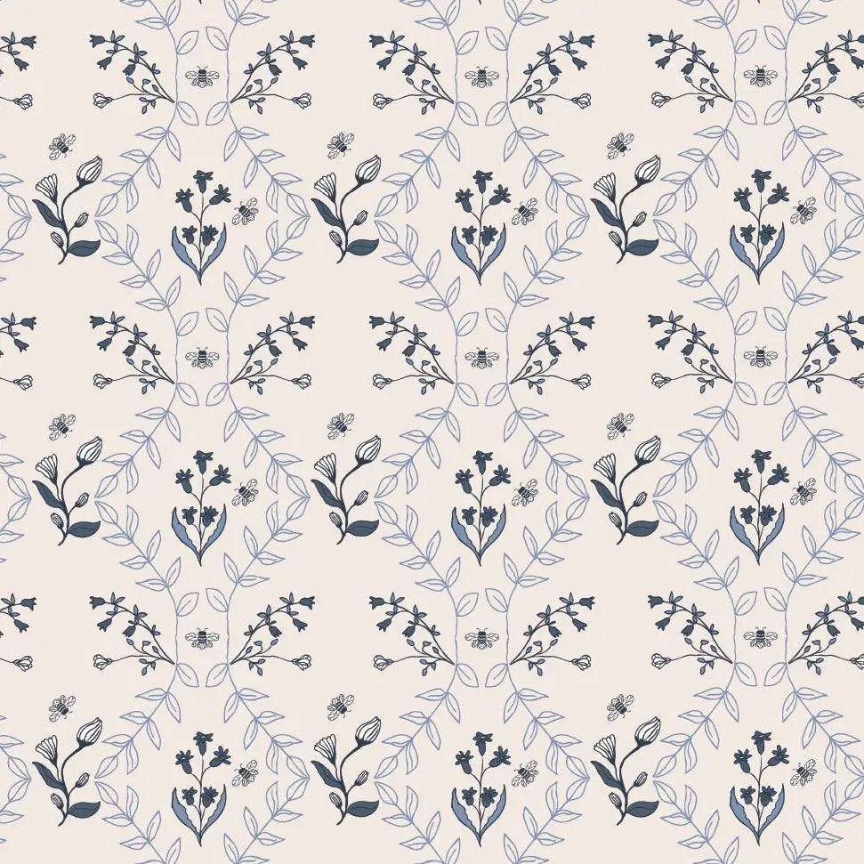 Jennings Wallpaper - Flowers and Bees - by Hannah Langford Design - Sample 1 foot by 1 foot / White and Navy - Loomwell