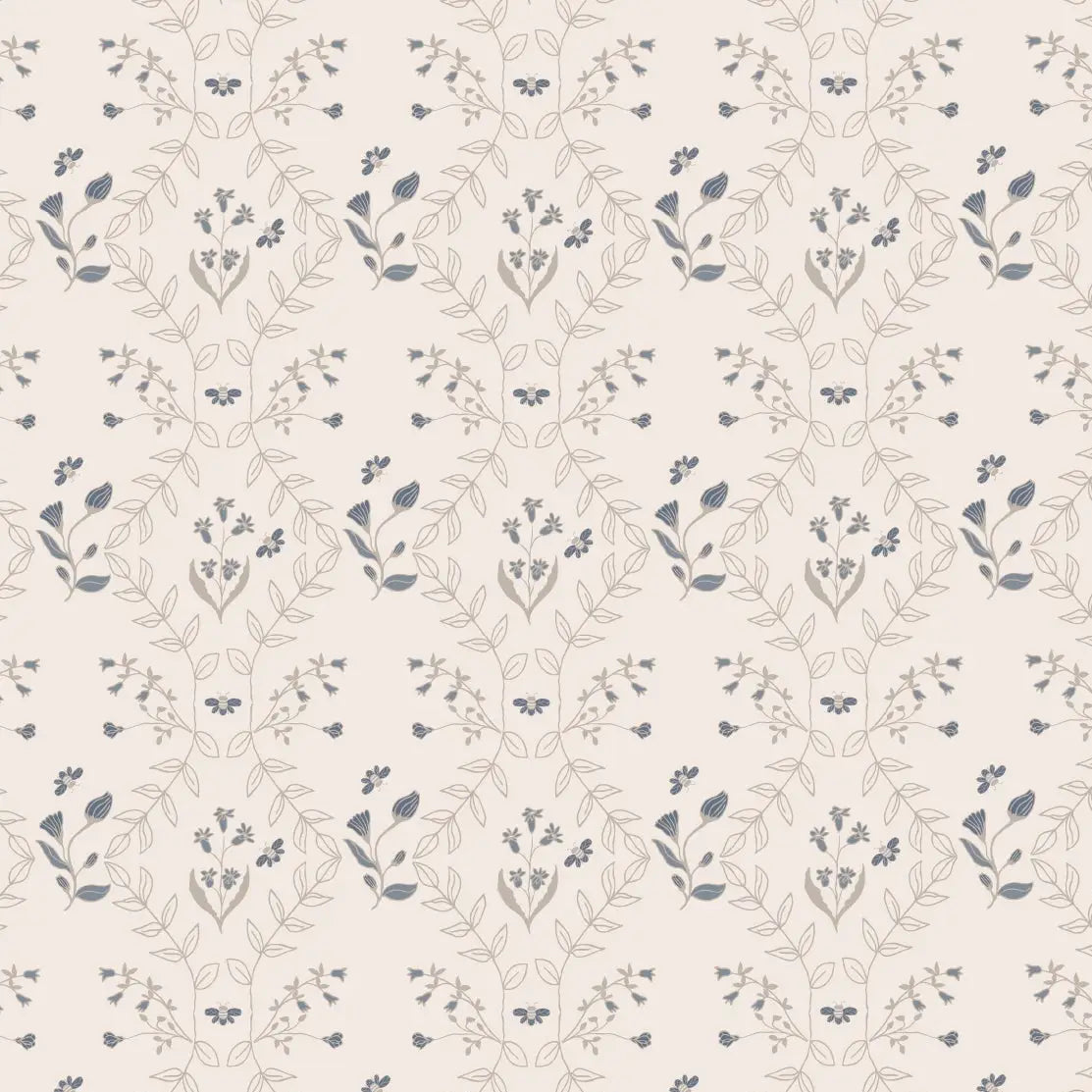 Jennings Wallpaper - Flowers and Bees - by Hannah Langford Design - Sample 1 foot by 1 foot / White Taupe and Blue