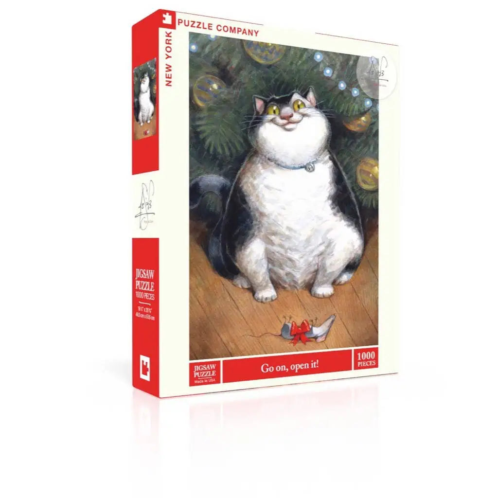 Jigsaw Puzzle - Go On Open It! - Cat Lover Christmas - 1000 Piece - New York Puzzle Company