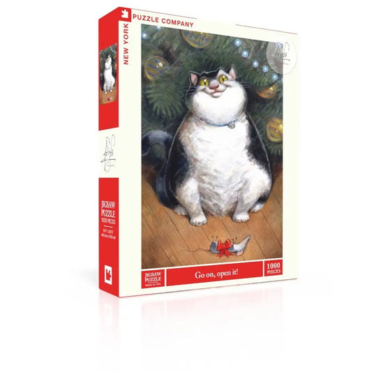Jigsaw Puzzle - Go On Open It! - Cat Lover Christmas - 1000 Piece - New York Puzzle Company