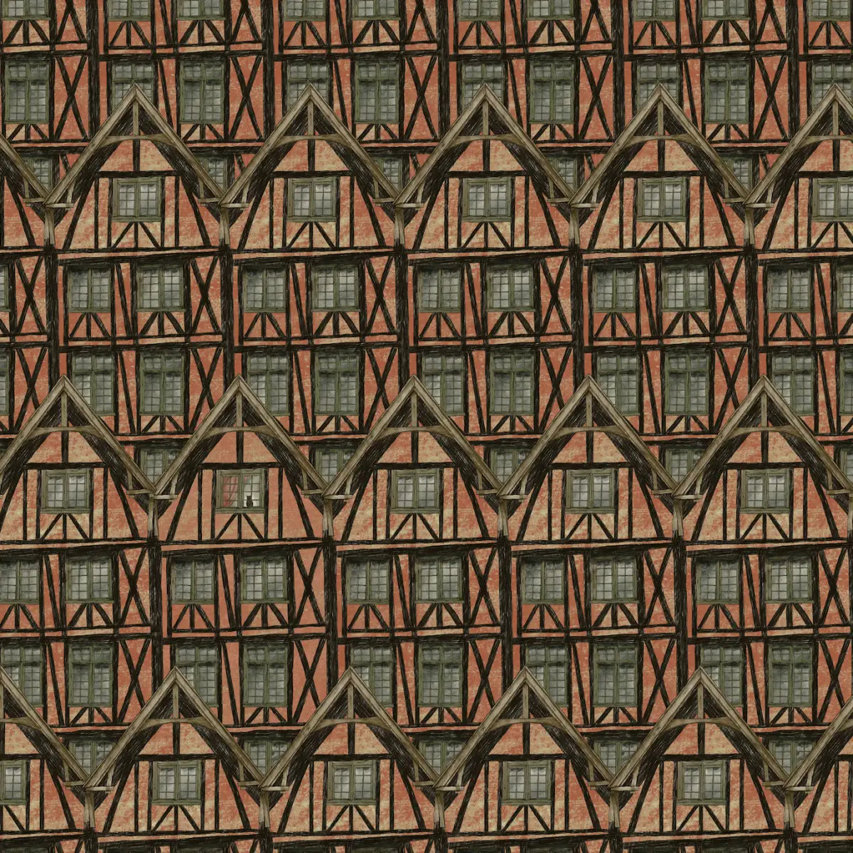 John Wallpaper - Fachwerk or Tudor Houses - by Karin Beatrice Levin - Sample 1 foot by 1 foot / Red - Loomwell Home