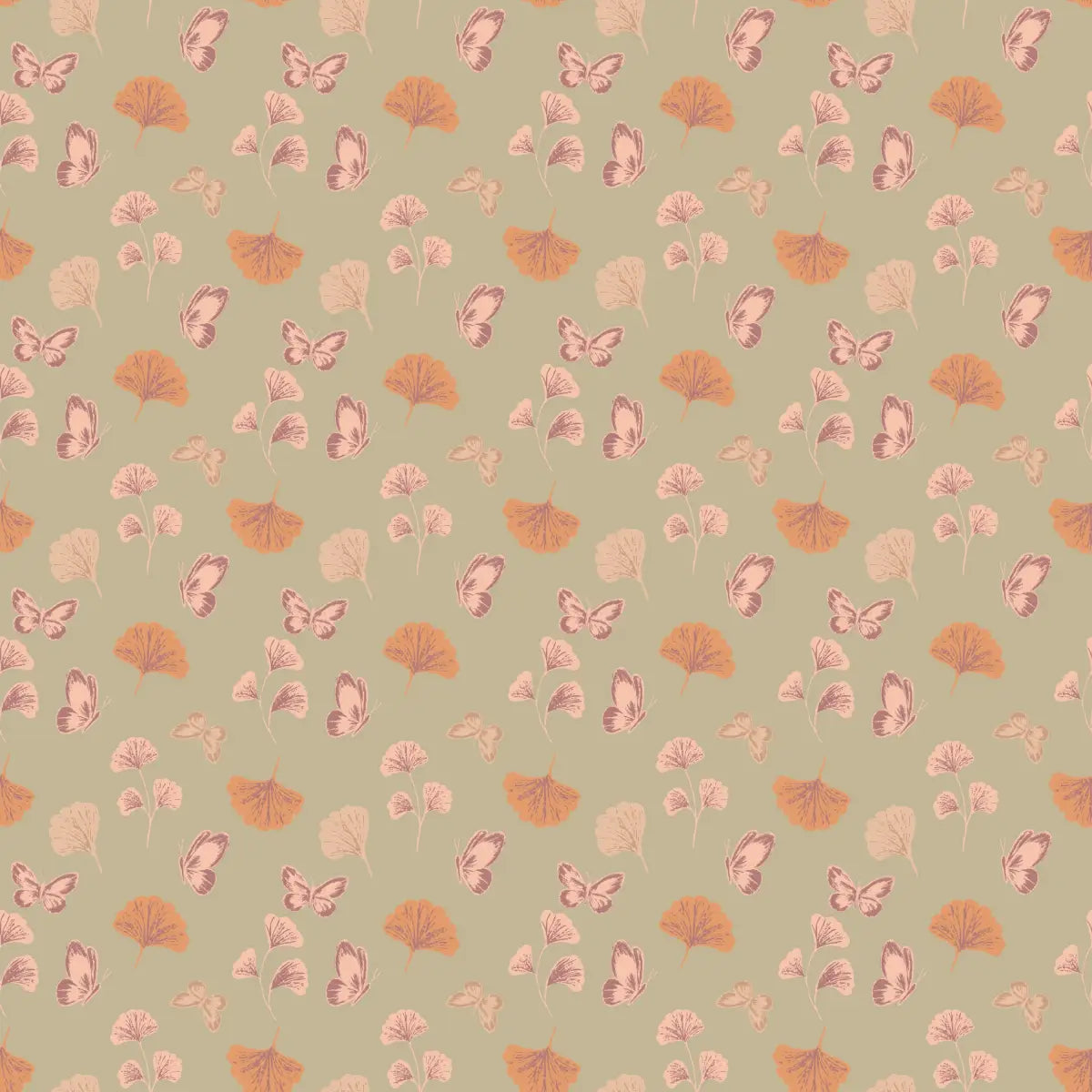 Jovie Wallpaper - Gingko and Butterflies - by The Feral Flower - Sample 1 foot by 1 foot / Orange and Blush - Loomwell