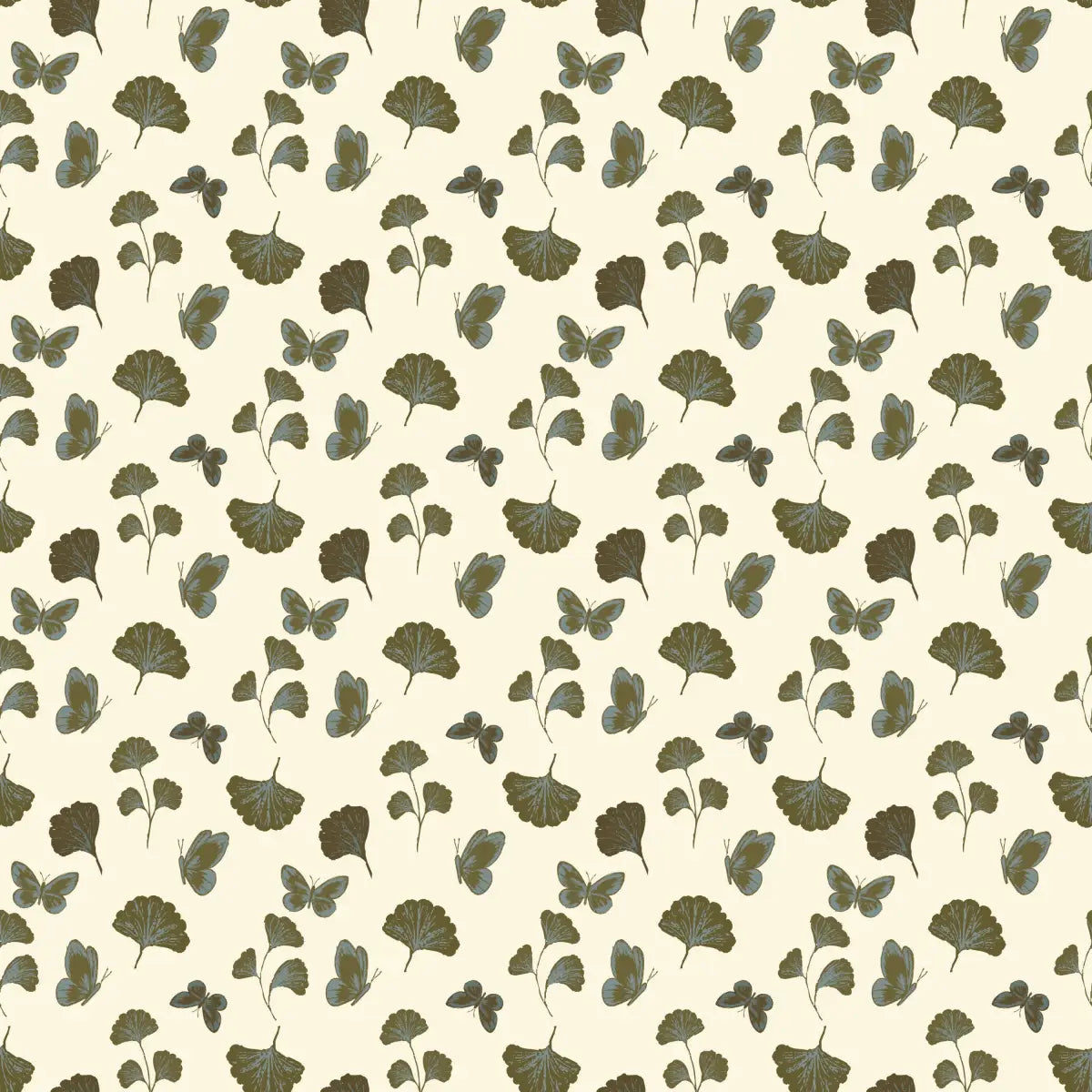 Jovie Wallpaper - Gingko and Butterflies - by The Feral Flower - Sample 1 foot by 1 foot / Teal and Olive - Loomwell