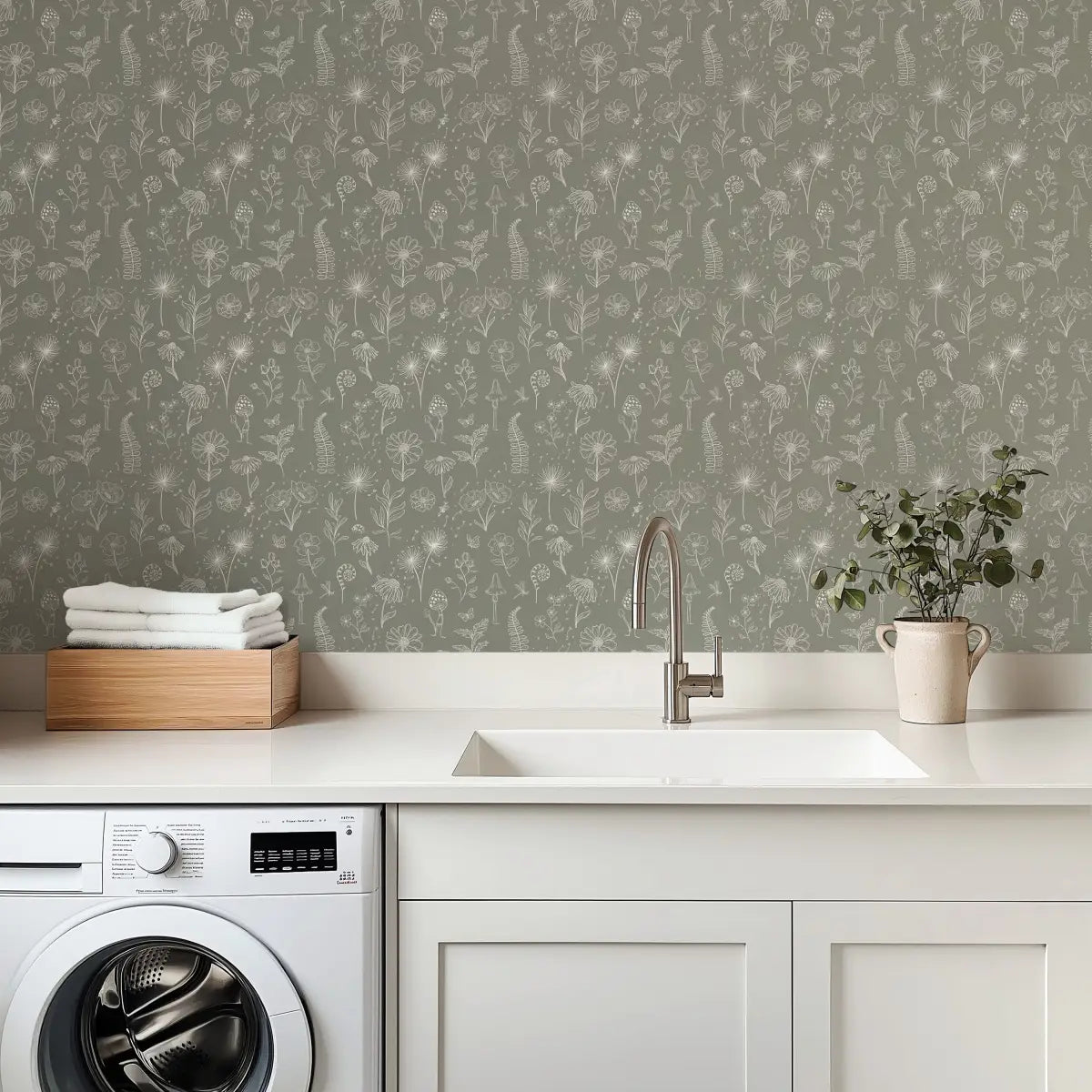 Kaila Wallpaper - Ferns and Flowers - Line Drawings - by Painted Hawk Design - Loomwell Home Goods