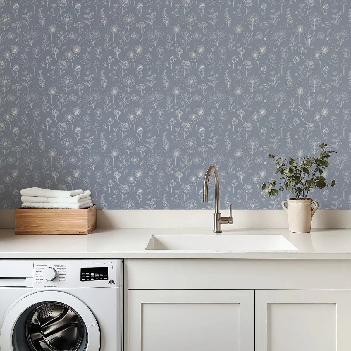 Kaila Wallpaper - Ferns and Flowers - Line Drawings - by Painted Hawk Design - Loomwell Home Goods