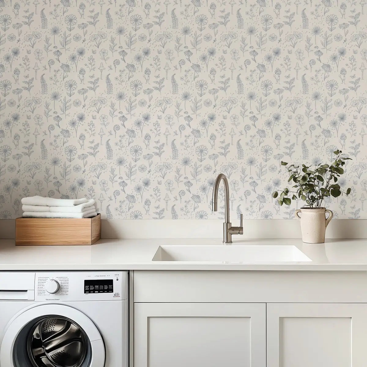 Kaila Wallpaper - Ferns and Flowers - Line Drawings - by Painted Hawk Design - Loomwell Home Goods