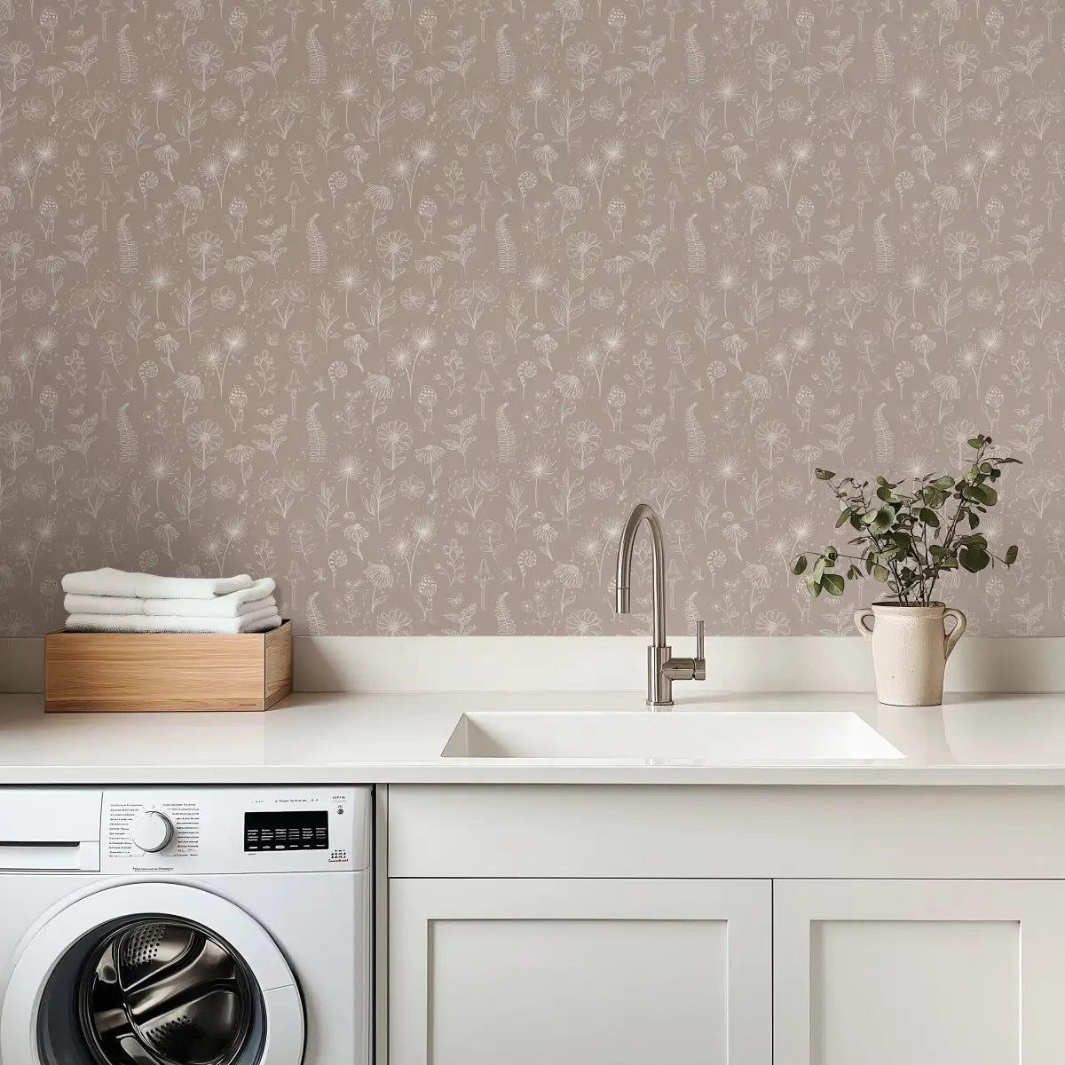 Kaila Wallpaper - Ferns and Flowers - Line Drawings - by Painted Hawk Design - Loomwell Home Goods