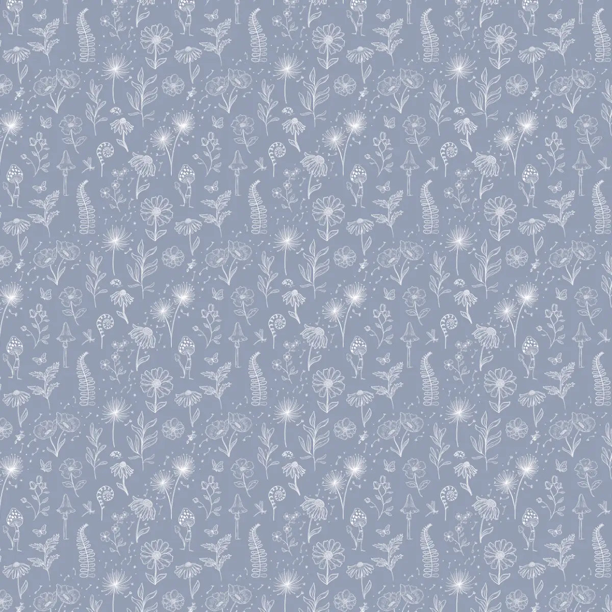 Kaila Wallpaper - Ferns and Flowers - Line Drawings - by Painted Hawk Design - Sample 1 foot by 1 foot / Blue