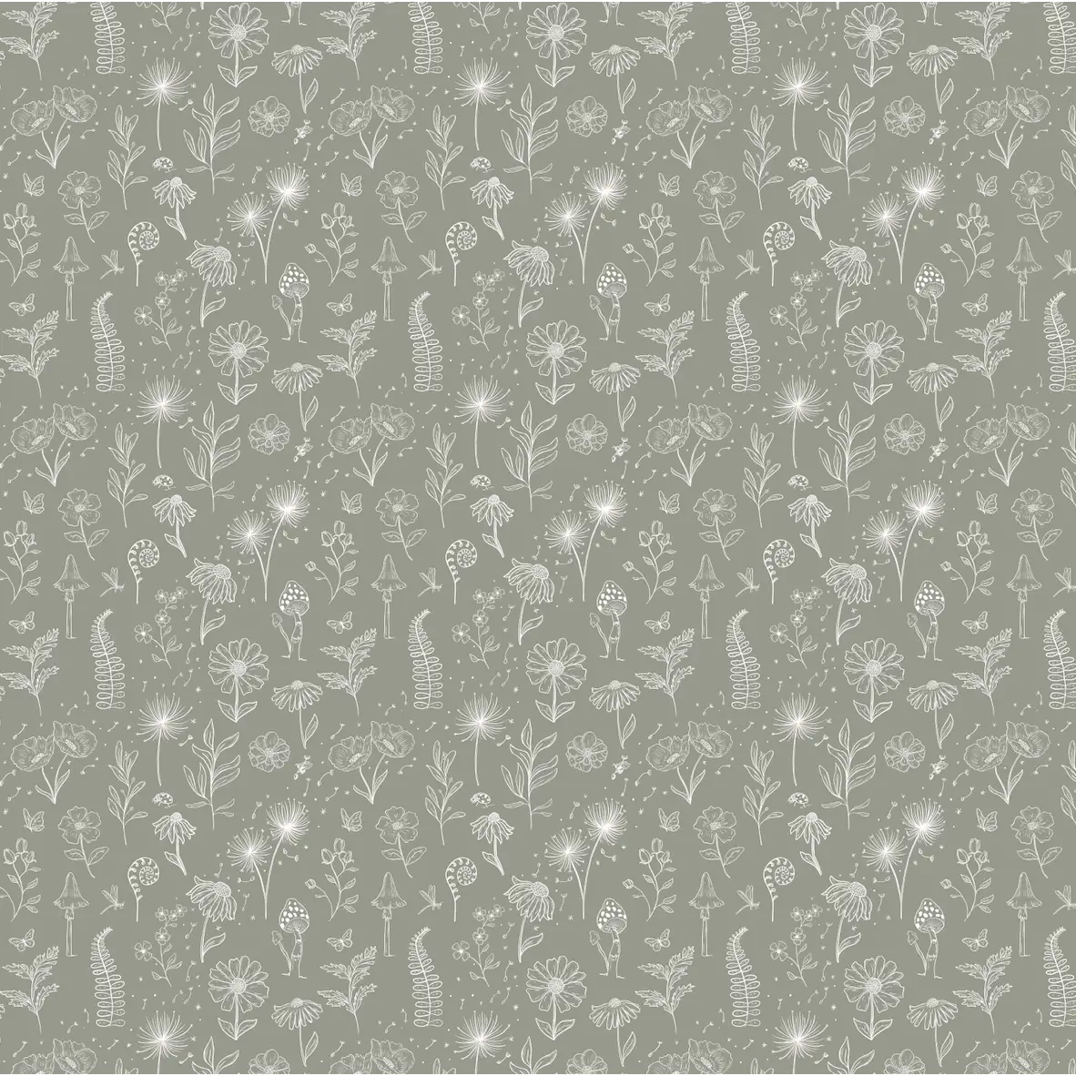 Kaila Wallpaper - Ferns and Flowers - Line Drawings - by Painted Hawk Design - Sample 1 foot by 1 foot / Green