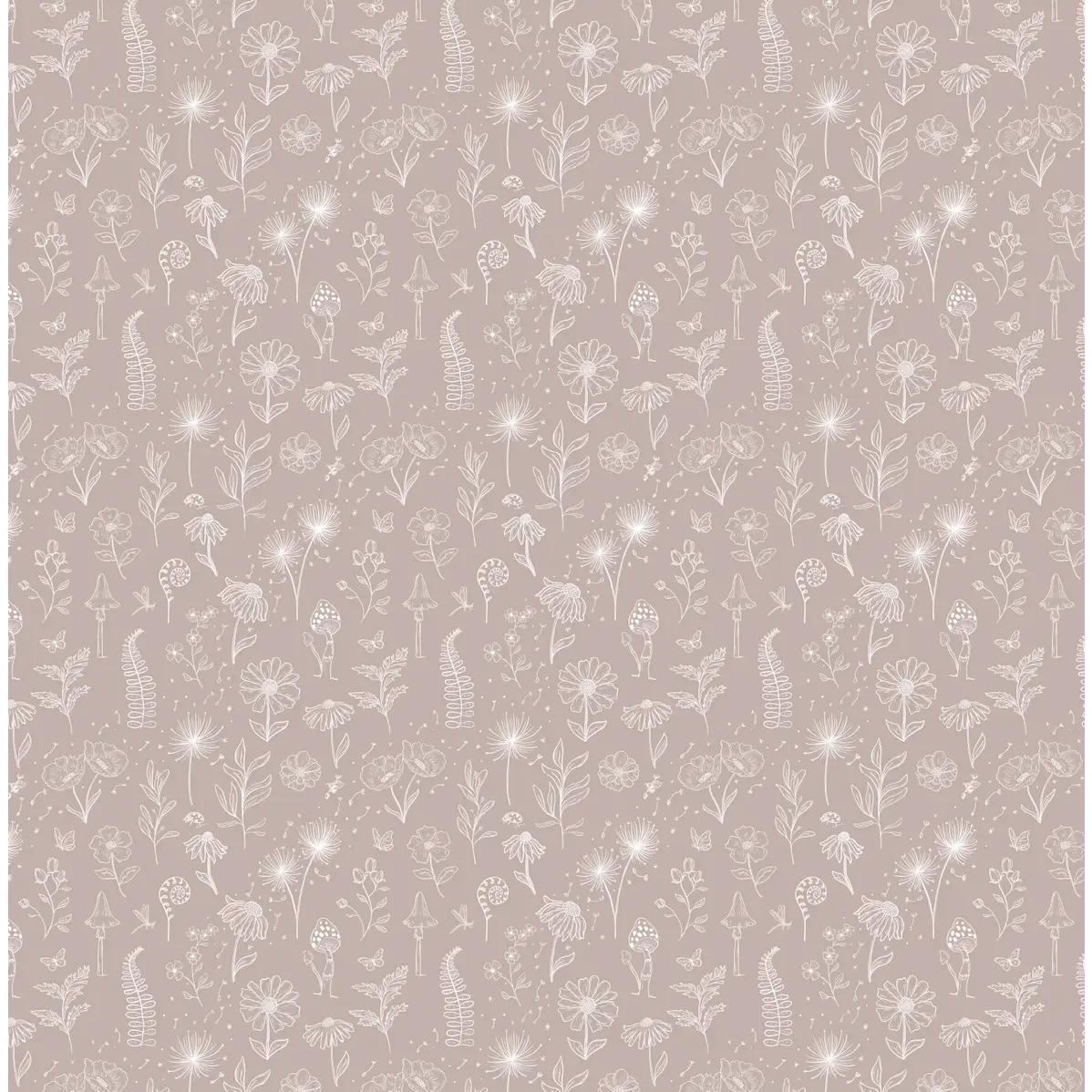 Kaila Wallpaper - Ferns and Flowers - Line Drawings - by Painted Hawk Design - Sample 1 foot by 1 foot / Rose