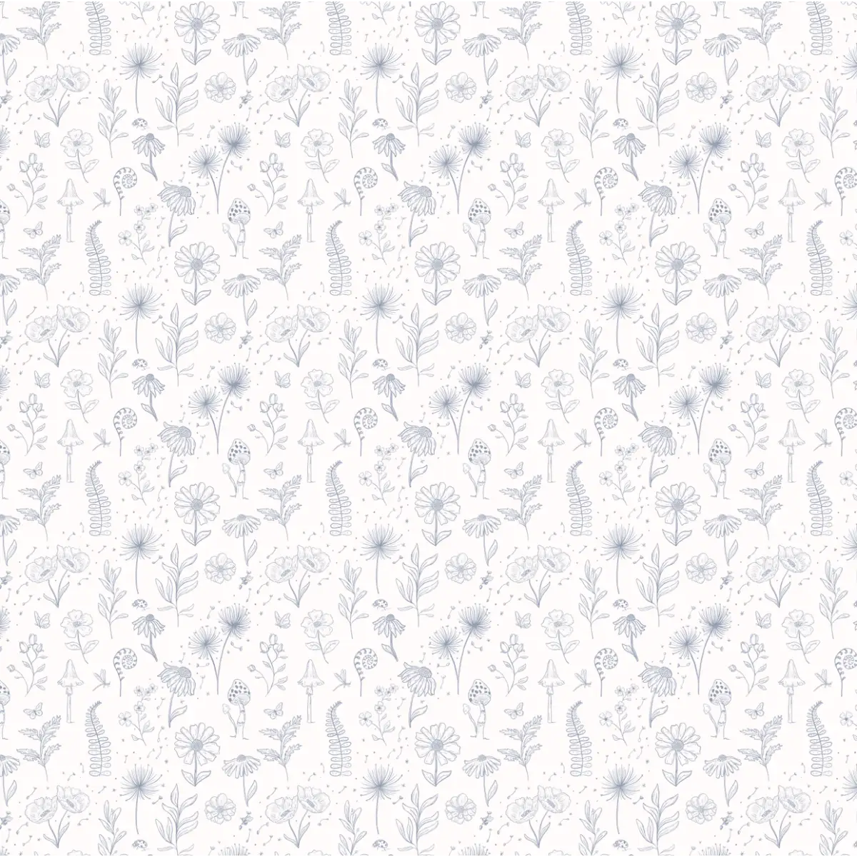 Kaila Wallpaper - Ferns and Flowers - Line Drawings - by Painted Hawk Design - Sample 1 foot by 1 foot / White and Blue