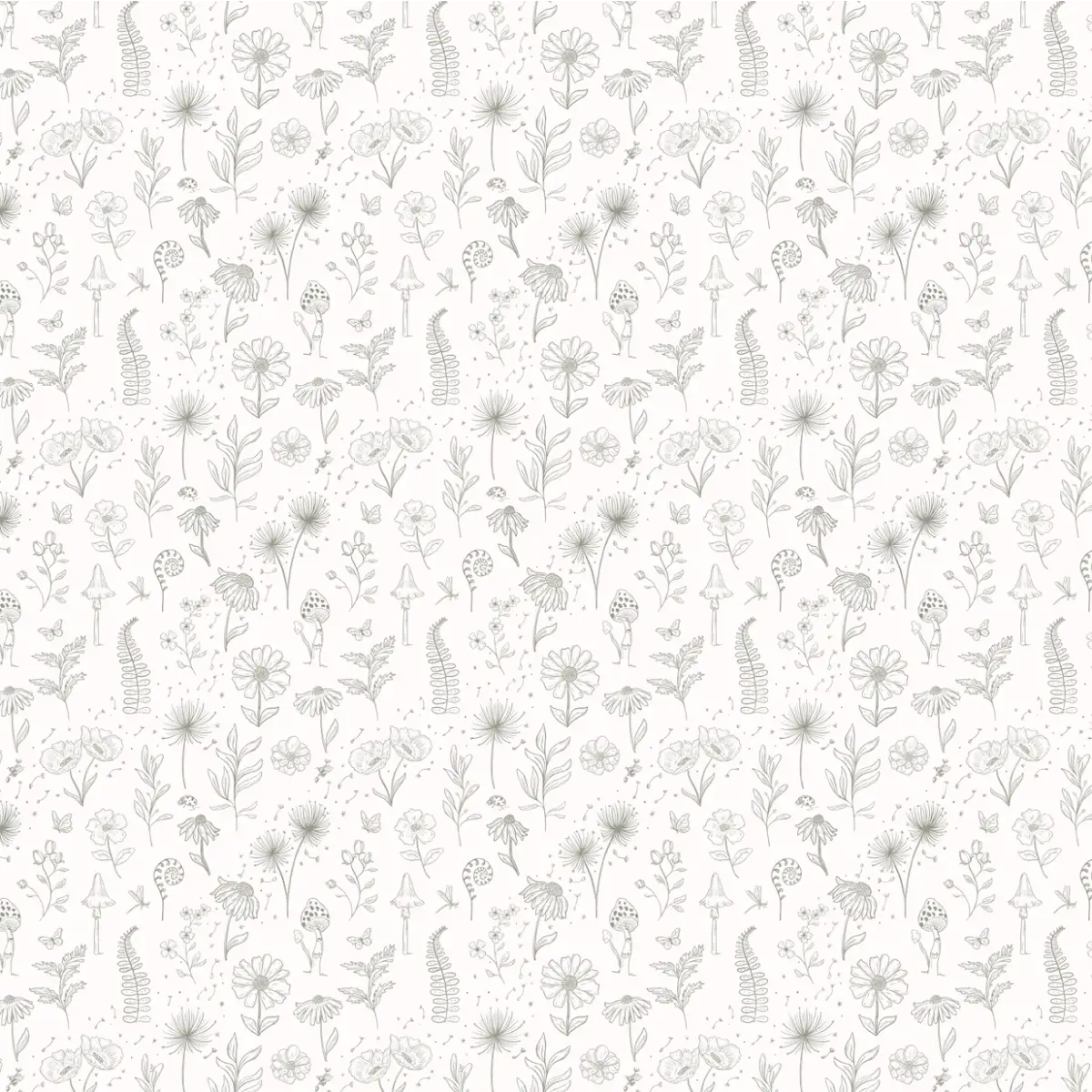 Kaila Wallpaper - Ferns and Flowers - Line Drawings - by Painted Hawk Design - Sample 1 foot by 1 foot / White