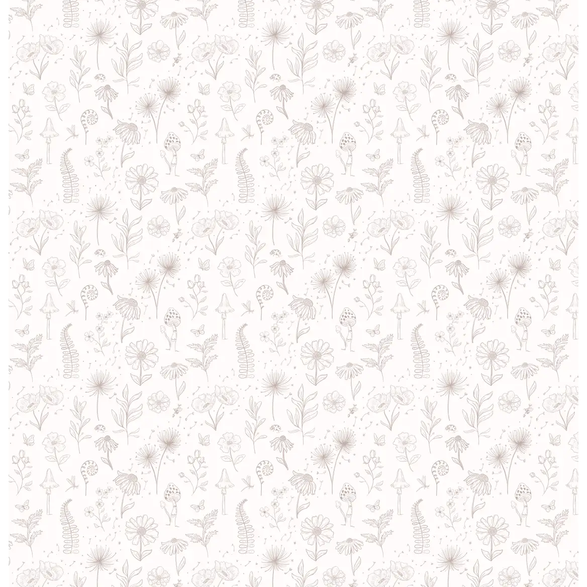 Kaila Wallpaper - Ferns and Flowers - Line Drawings - by Painted Hawk Design - Sample 1 foot by 1 foot / White and Rose