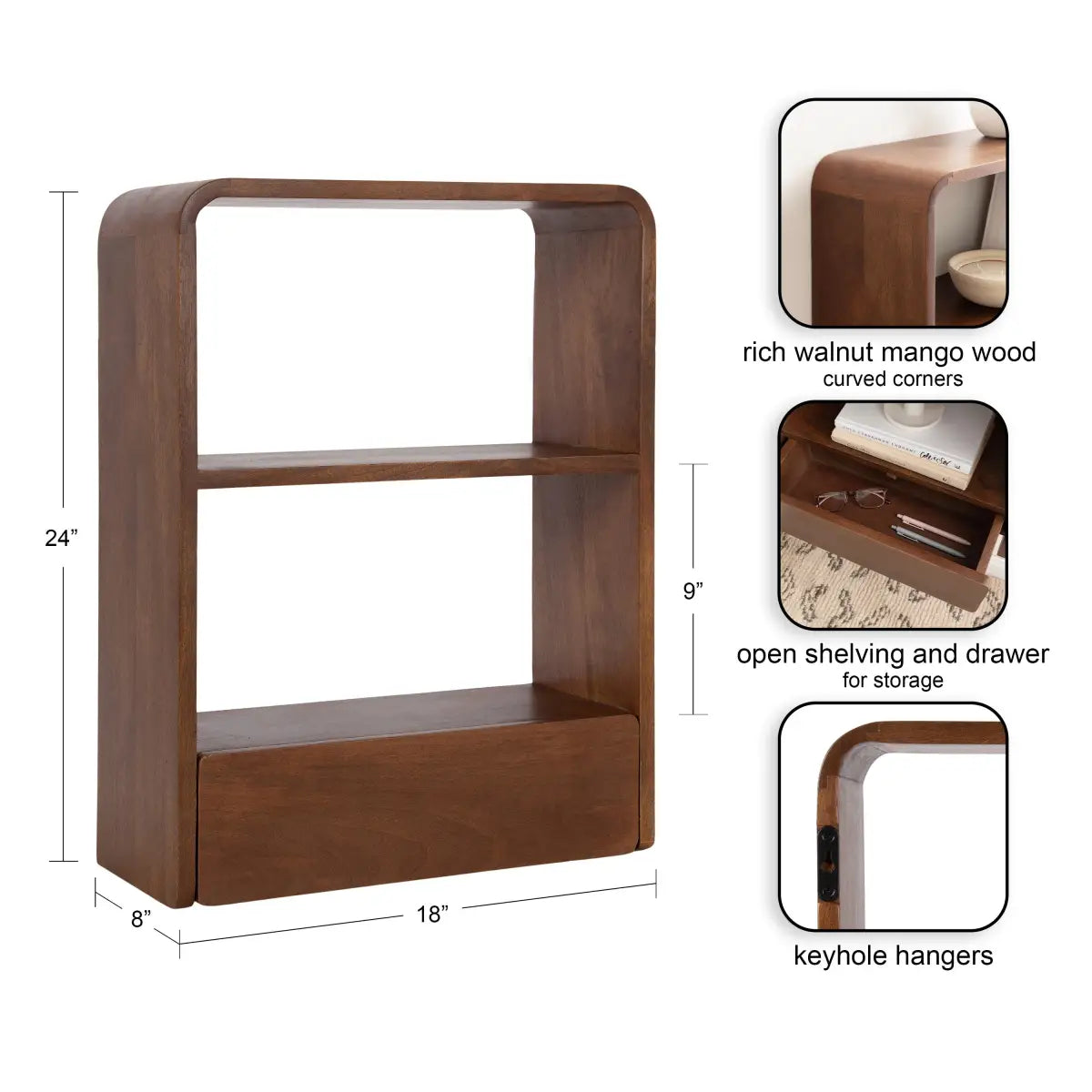 Kato Wood Wall Shelf with Drawer - Walnut Brown - kateandlaurel
