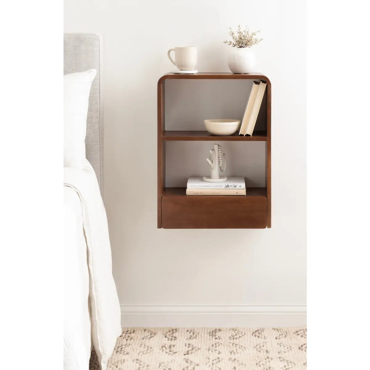 Kato Wood Wall Shelf with Drawer - Walnut Brown - kateandlaurel