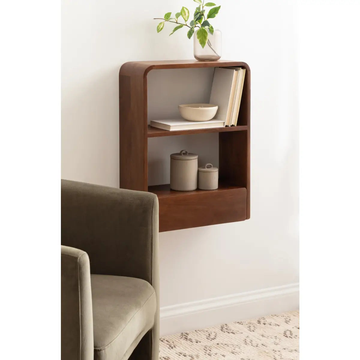 Kato Wood Wall Shelf with Drawer - Walnut Brown - kateandlaurel