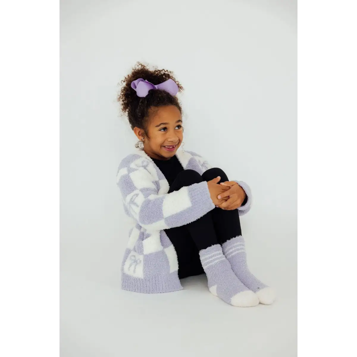 Kids Cozy Cardigan - Lavender Checker Bow - Mila & Rose ®