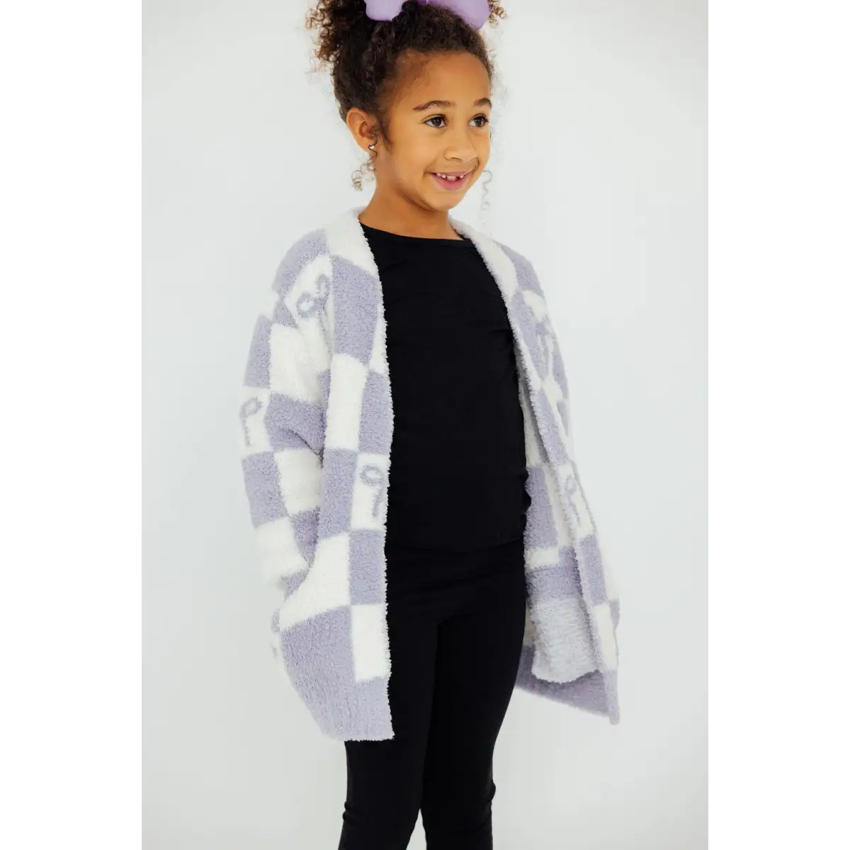 Kids Cozy Cardigan - Lavender Checker Bow - Mila & Rose ®