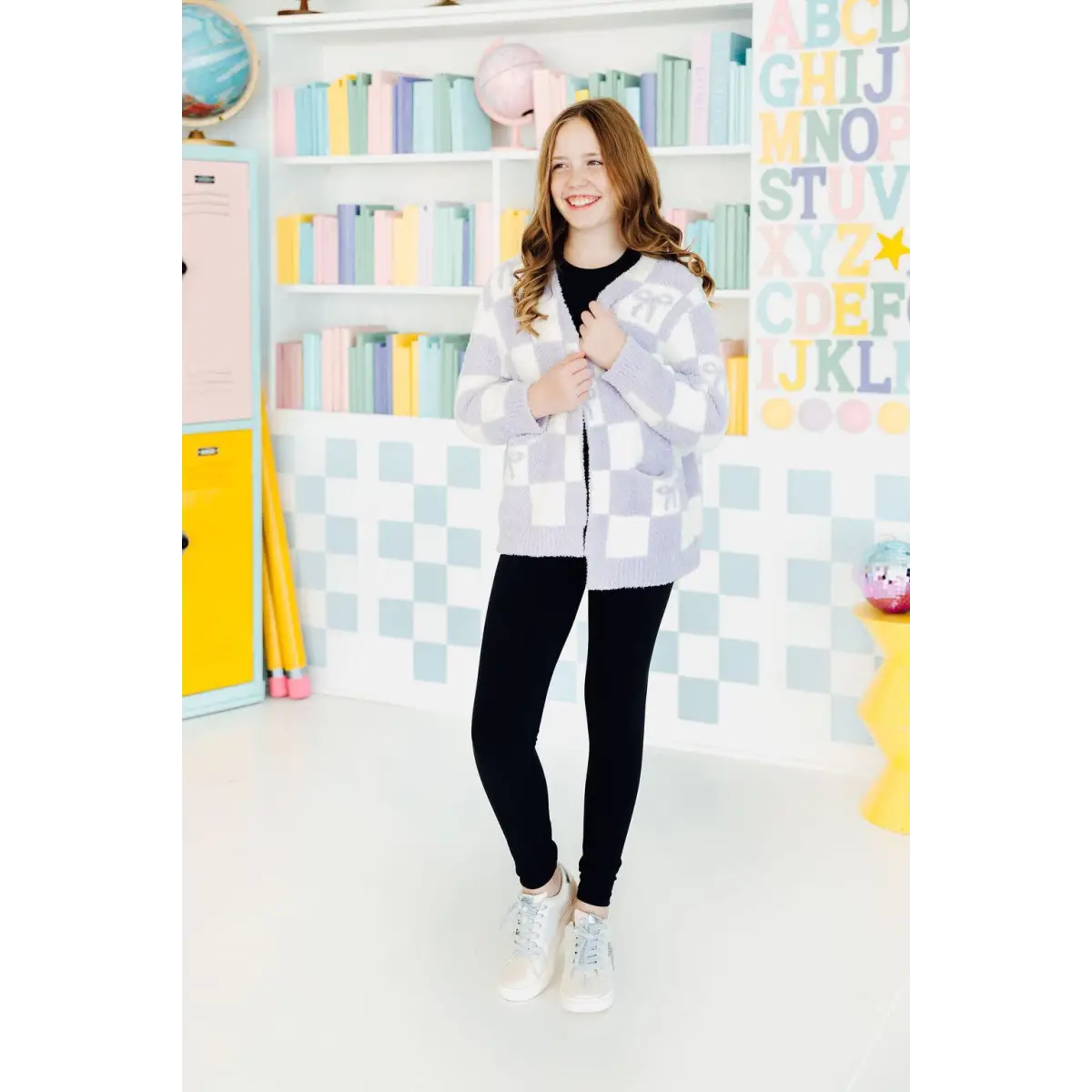 Kids Cozy Cardigan - Lavender Checker Bow - Mila & Rose ®
