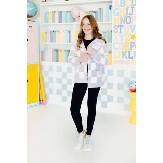 Kids Cozy Cardigan - Lavender Checker Bow - Mila & Rose ®