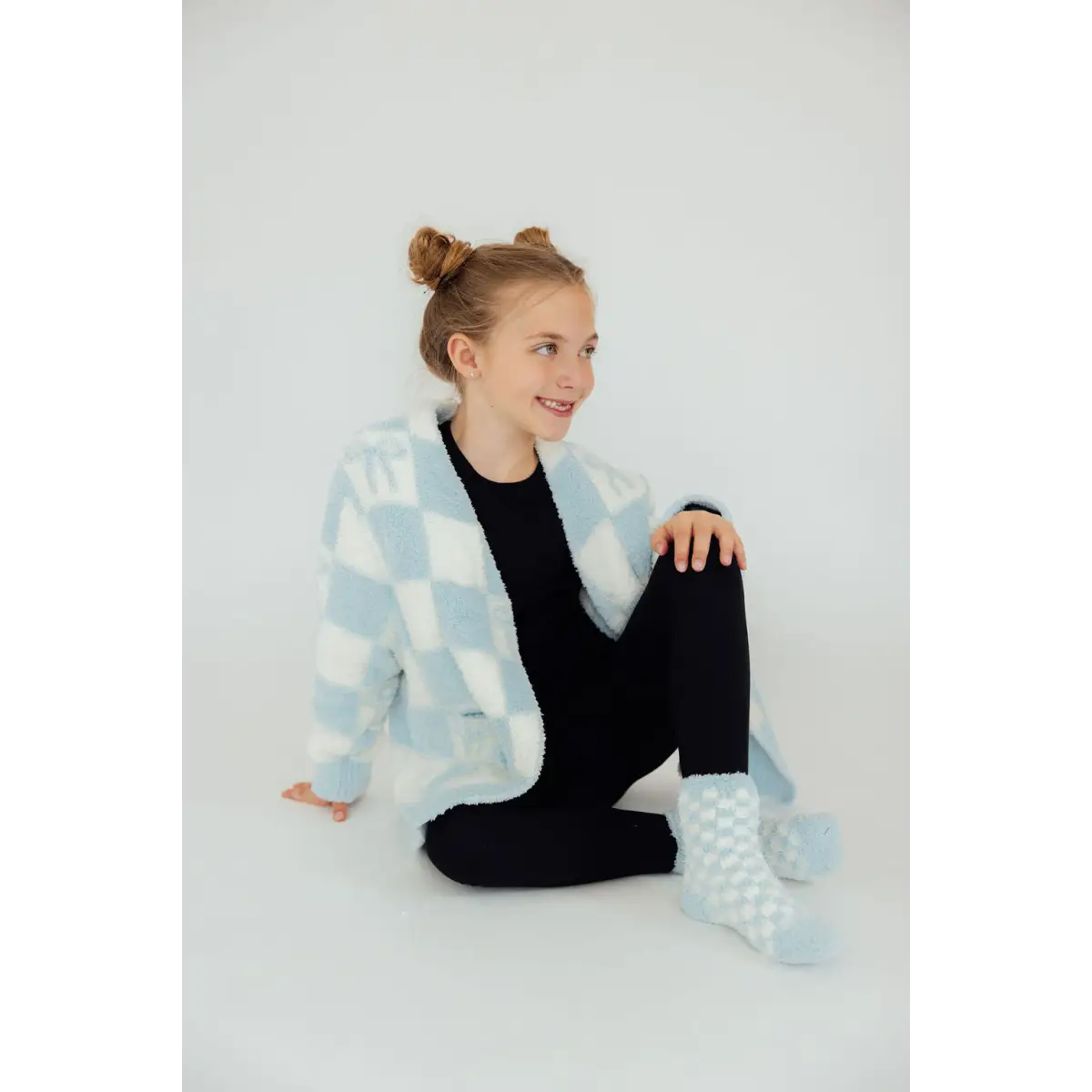 Kids Cozy Cardigan - Light Blue Checkerboard - Mila & Rose ®