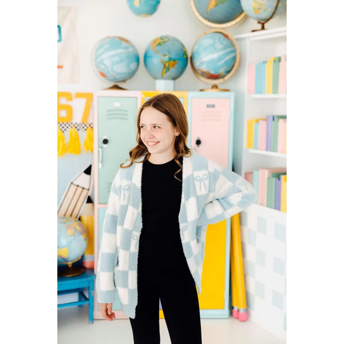 Kids Cozy Cardigan - Light Blue Checkerboard - Mila & Rose ®