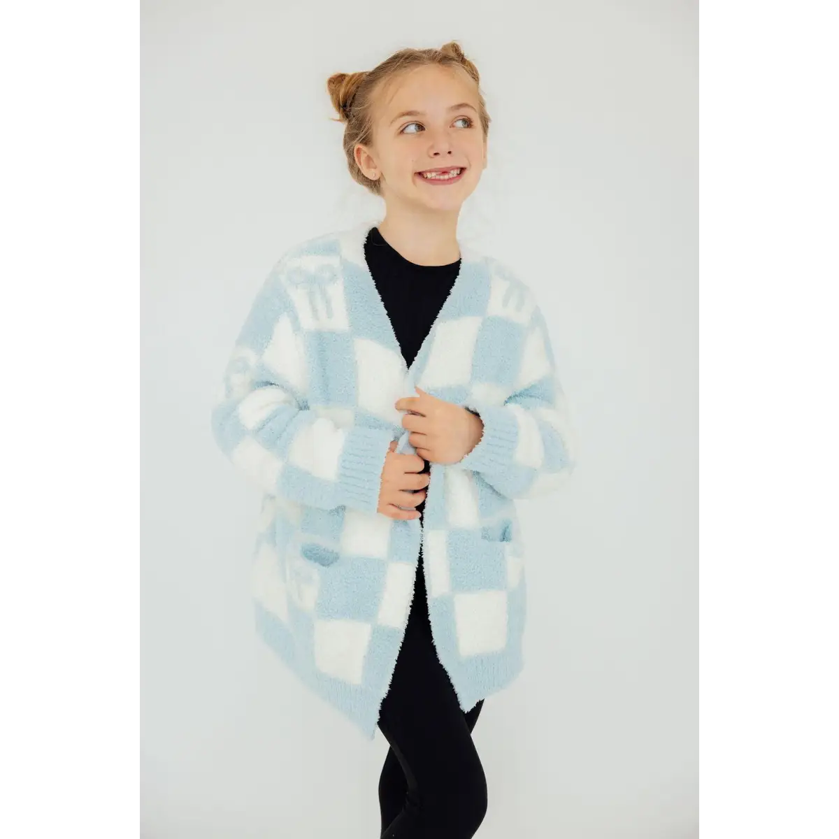 Kids Cozy Cardigan - Light Blue Checkerboard - Mila & Rose ®