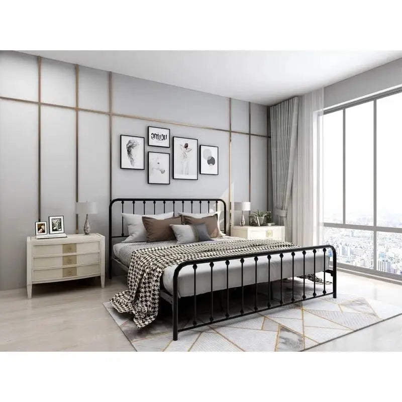 King Black Metal Platform Bed Frame with Rounded Corners Headboard Footboard - HomePacific