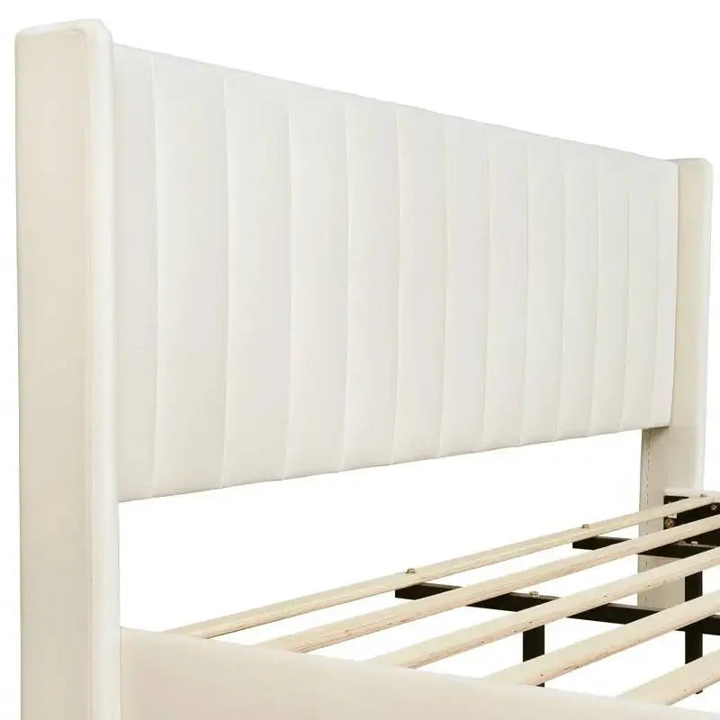 King Mid-Century Platform Bed Frame with Cream Velvet Upholstered Headboard - HomePacific