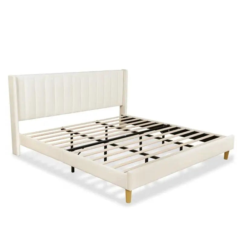 King Mid-Century Platform Bed Frame with Cream Velvet Upholstered Headboard - HomePacific