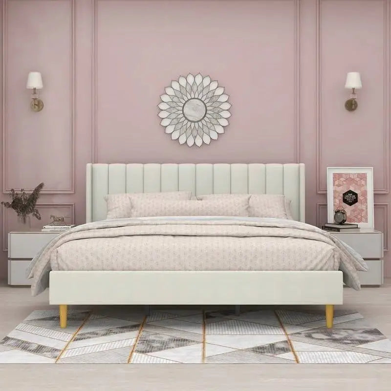 King Mid-Century Platform Bed Frame with Cream Velvet Upholstered Headboard - HomePacific