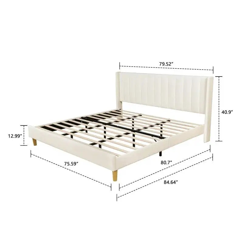 King Mid-Century Platform Bed Frame with Cream Velvet Upholstered Headboard - HomePacific