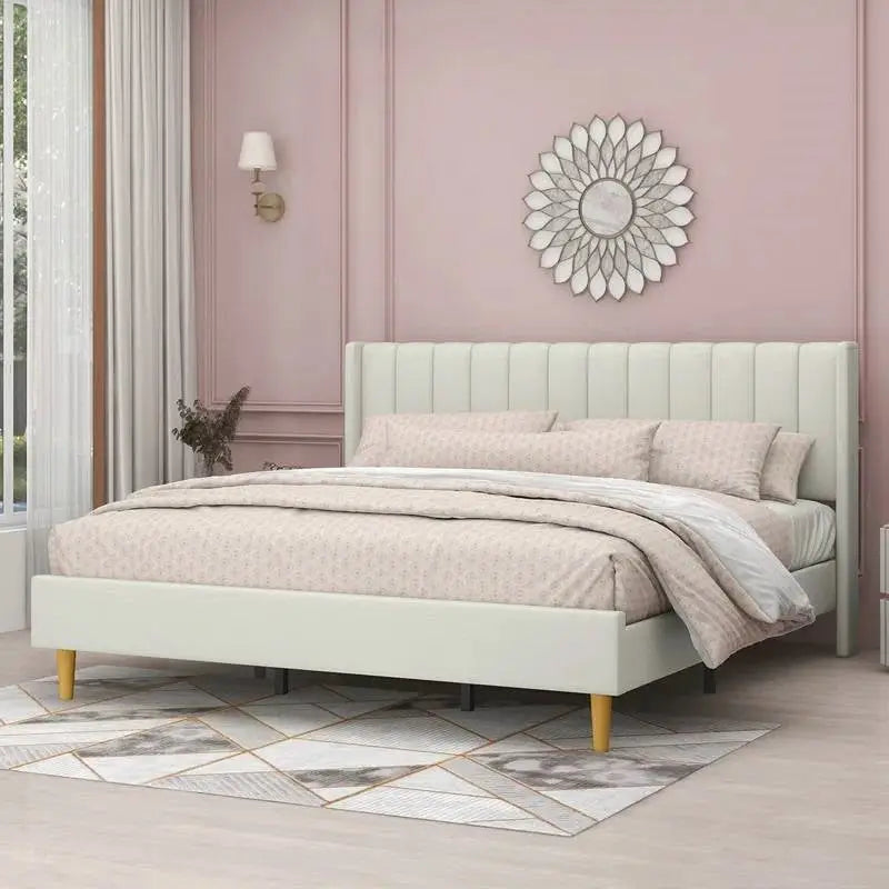 King Mid-Century Platform Bed Frame with Cream Velvet Upholstered Headboard - HomePacific