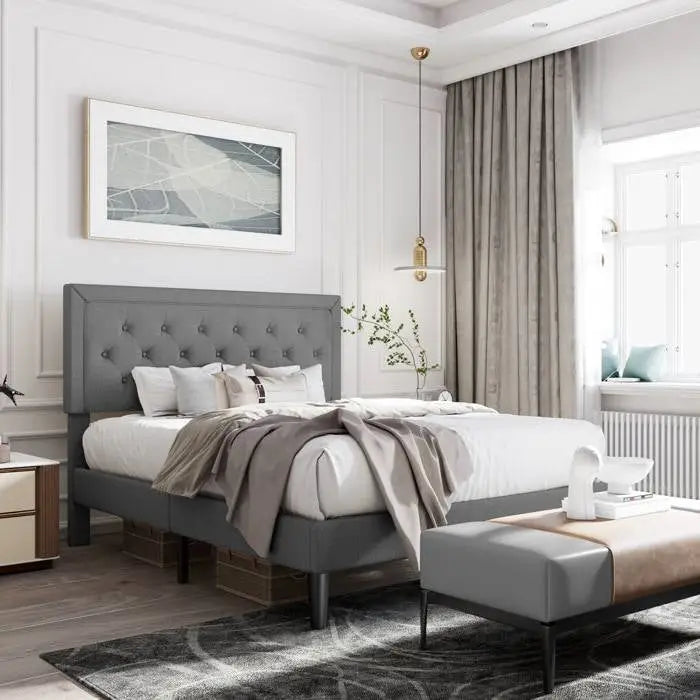 King Size Dark Grey Linen Upholstered Platform Bed with Button-Tufted Headboard - HomePacific