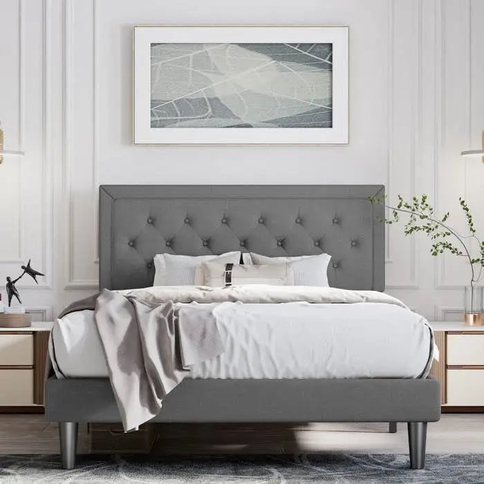 King Size Dark Grey Linen Upholstered Platform Bed with Button-Tufted Headboard - HomePacific
