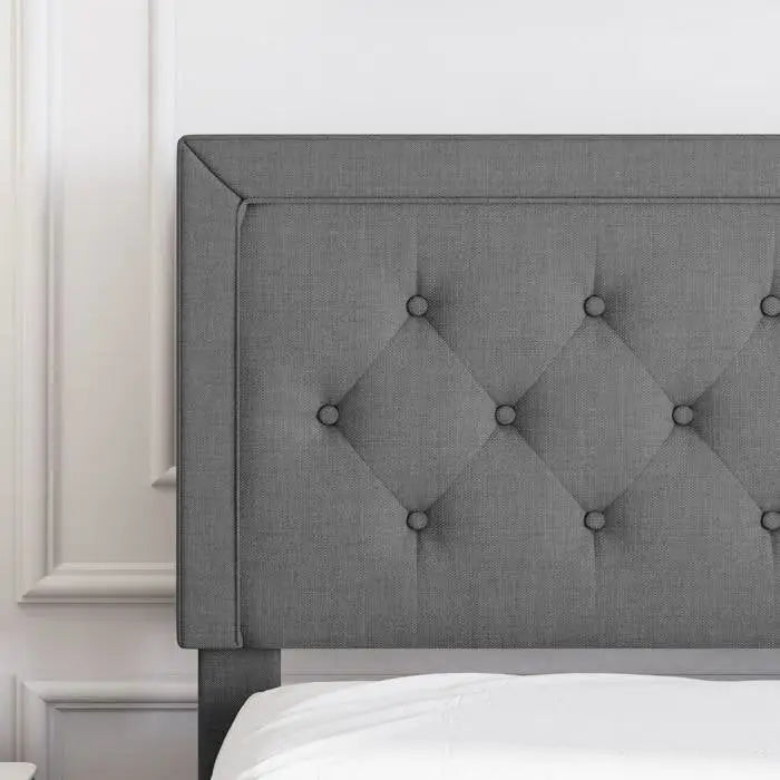 King Size Dark Grey Linen Upholstered Platform Bed with Button-Tufted Headboard - HomePacific