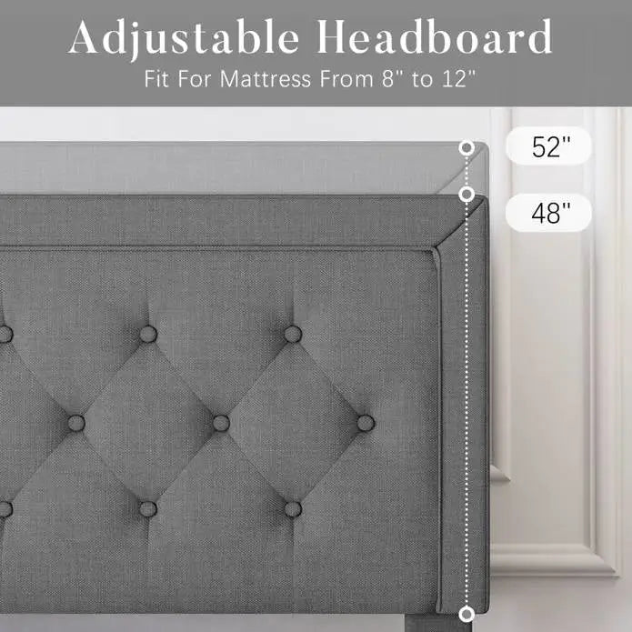 King Size Dark Grey Linen Upholstered Platform Bed with Button-Tufted Headboard - HomePacific
