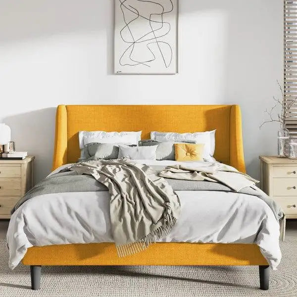 King Size Upholstered Linen Blend Headboard Wingback Platform Bed in Yellow - HomePacific