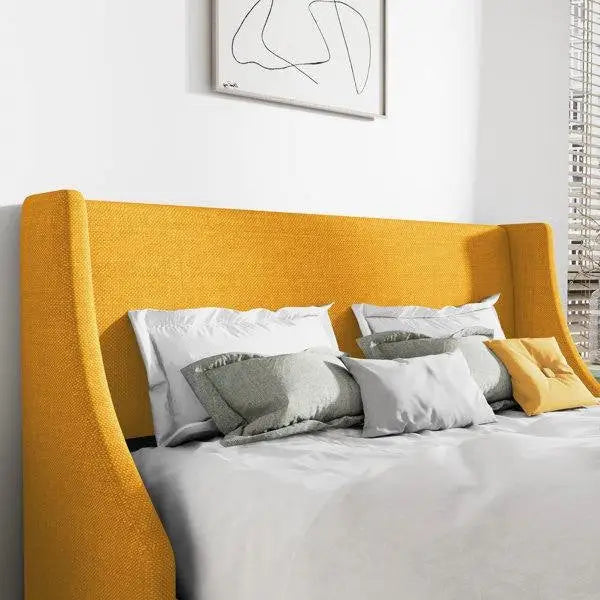 King Size Upholstered Linen Blend Headboard Wingback Platform Bed in Yellow - HomePacific