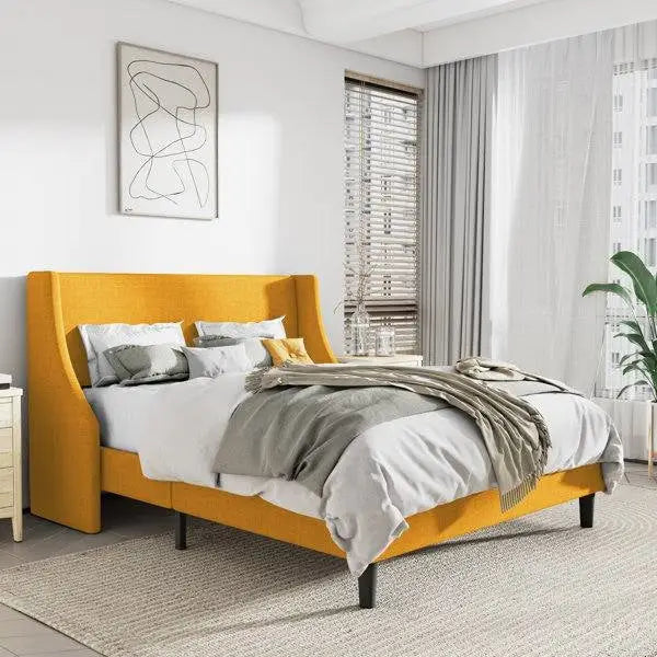 King Size Upholstered Linen Blend Headboard Wingback Platform Bed in Yellow - HomePacific